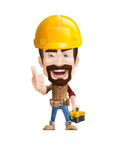 Zeichentrick-Bauarbeiter mit Helm zeigt Daumen hoch.